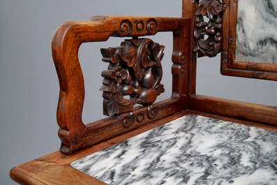 A Chinese marble-inset carved wood chair, early 20th C.