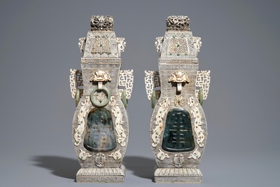 A pair of large Chinese bone, ivory and jade vases and covers, ca. 1940