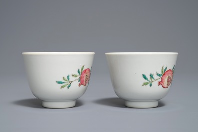 A pair of Chinese famille rose pomegranate cups, Daoguang mark, 19/20th C.