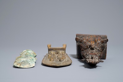 Two Chinese bronze figures and a bronze axe fragment, poss. Han and Ming