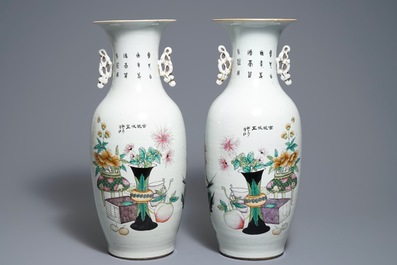 A pair of Chinese famille rose two-sided design vases, 19/20th C.