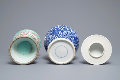 Two Chinese famille rose and blue and white vases and a dish, 19th C.