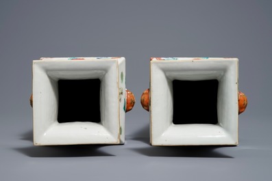 A pair of square Chinese famille rose vases, 19th C.