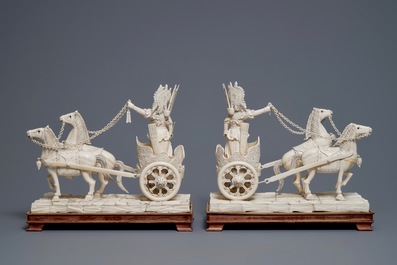 A pair of large Chinese ivory 'warriors on horse chariots' groups, late 19th C.