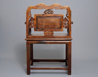 A Chinese marble-inset carved wood chair, early 20th C.