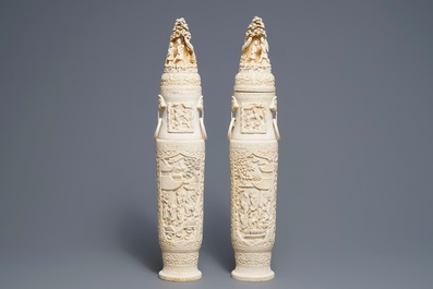 A pair of large Chinese ivory vases and covers, ca. 1900