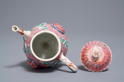 A Chinese famille rose relief-moulded teapot and cover, Yongzheng