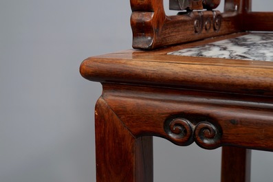 A Chinese marble-inset carved wood chair, early 20th C.