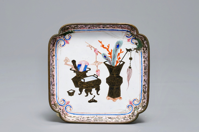 Two Chinese Canton enamel square saucers, Qianlong