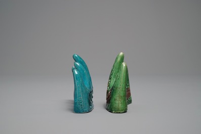 Two Chinese turquoise-glazed and verte biscuit brush rests, Kangxi