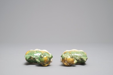 A pair of Chinese verte biscuit incense holders in the shape of lions, Ca Mau wreck, Yongzheng