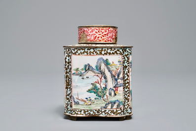 A Chinese Canton enamel tea caddy and cover, Qianlong