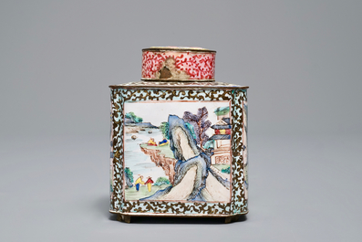 A Chinese Canton enamel tea caddy and cover, Qianlong