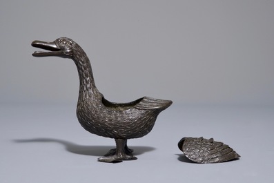 Three Chinese bronze incense burners and covers modelled as ducks and geese, 18/19th C.