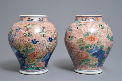 A pair of Chinese wucai jars with birds and flowers, Transitional period