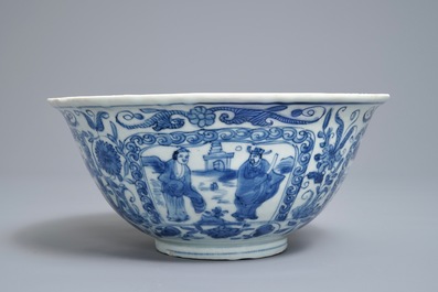 A Chinese blue and white figurative panel bowl, Wanli