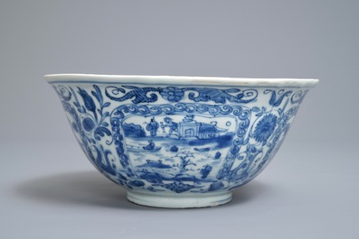 A Chinese blue and white figurative panel bowl, Wanli