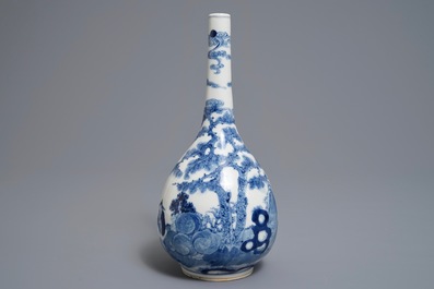 A Chinese blue and white bottle vase with a fisherman, 19th C.