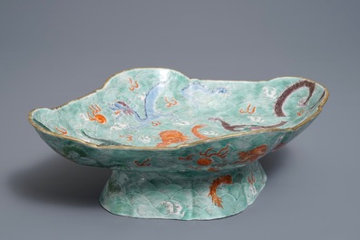 A Chinese imperial quatrefoil 'dragons' dish on foot, Jiaqing mark and of the period