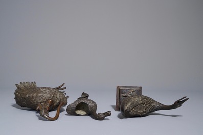 Three Chinese bronze incense burners and covers modelled as ducks and geese, 18/19th C.