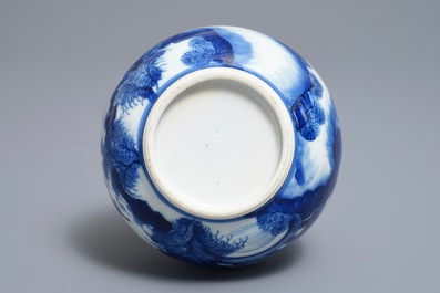 A Chinese blue and white bottle vase with figures in a landscape, Kangxi