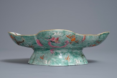 A Chinese imperial quatrefoil 'dragons' dish on foot, Jiaqing mark and of the period