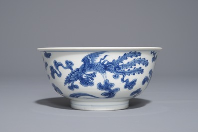 A Chinese blue and white 'phoenix' bowl, Chenghua mark, Kangxi