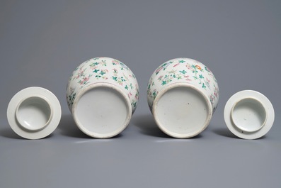 A pair of Chinese famille rose vases and covers with flowers and insects, 19th C.