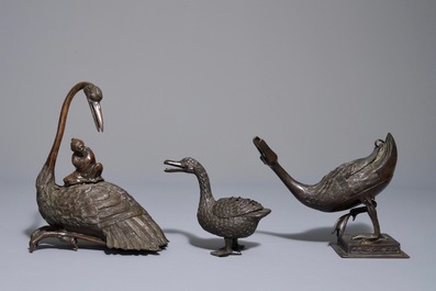 Three Chinese bronze incense burners and covers modelled as ducks and geese, 18/19th C.