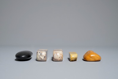 Five Chinese soapstone and wood seals, 19/20th C.