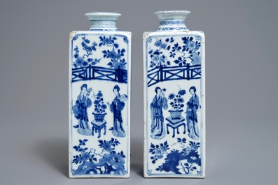 A pair of Chinese blue and white 'Long Eliza' square tea caddies, Yu mark, Kangxi