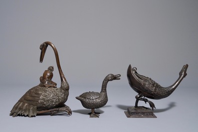 Three Chinese bronze incense burners and covers modelled as ducks and geese, 18/19th C.