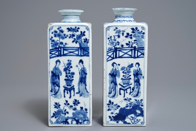 A pair of Chinese blue and white 'Long Eliza' square tea caddies, Yu mark, Kangxi