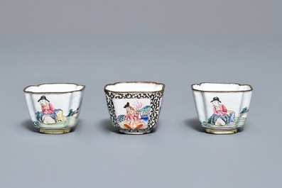 Four Chinese Canton enamel saucers and three cups, Qianlong