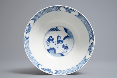 A Chinese blue and white bowl with figures in a room, Xuande mark, Kangxi