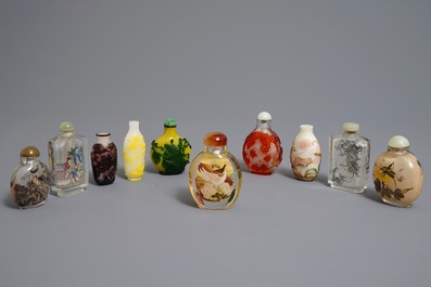 Ten Chinese overlay and inside-painted glass snuff bottles, 20th C.