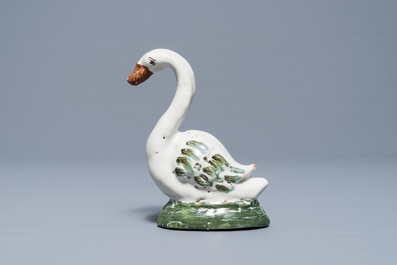 A polychrome Dutch Delft model of a swan, 18th C.