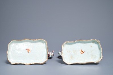 A pair of polychrome Dutch Delft models of circus horses, 19th C.