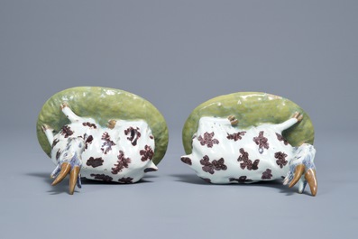 A pair of polychrome Dutch Delft models of goats, 18th C.