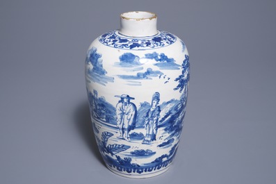 A Dutch Delft blue and white vase with a couple with child, 1st half 18th C.