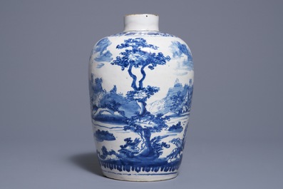 A Dutch Delft blue and white vase with a couple with child, 1st half 18th C.