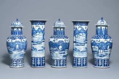 A Chinese blue and white five-piece garniture with port views, 19th C.