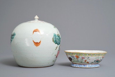 A Chinese famille rose charger, a jar and cover and a bowl on foot, 19th C.