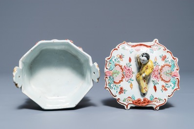 A polychrome Dutch Delft petit feu and dor&eacute; butter tub with a reclining Chinaman, 18th C.