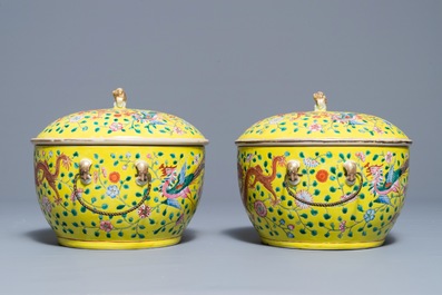 A pair of Chinese famille jaune tureens and covers with dragons and phoenixes, 19th C.