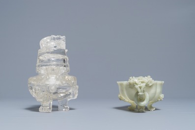 Two Chinese jade and rock crystal censers, 20th C.