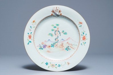 Three Chinese famille rose English market armorial plates and dishes, Qianlong