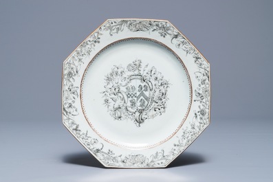 A pair of Chinese octagonal grisaille Birckbeck armorial plates and a famille rose 'Laroche' plate, Qianlong