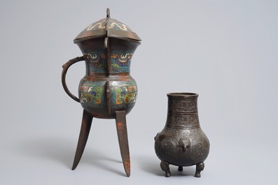 A Chinese bronze tripod vase and a cloisonn&eacute; ritual wine cup, jue, 18/19th C.