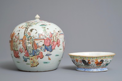 A Chinese famille rose charger, a jar and cover and a bowl on foot, 19th C.